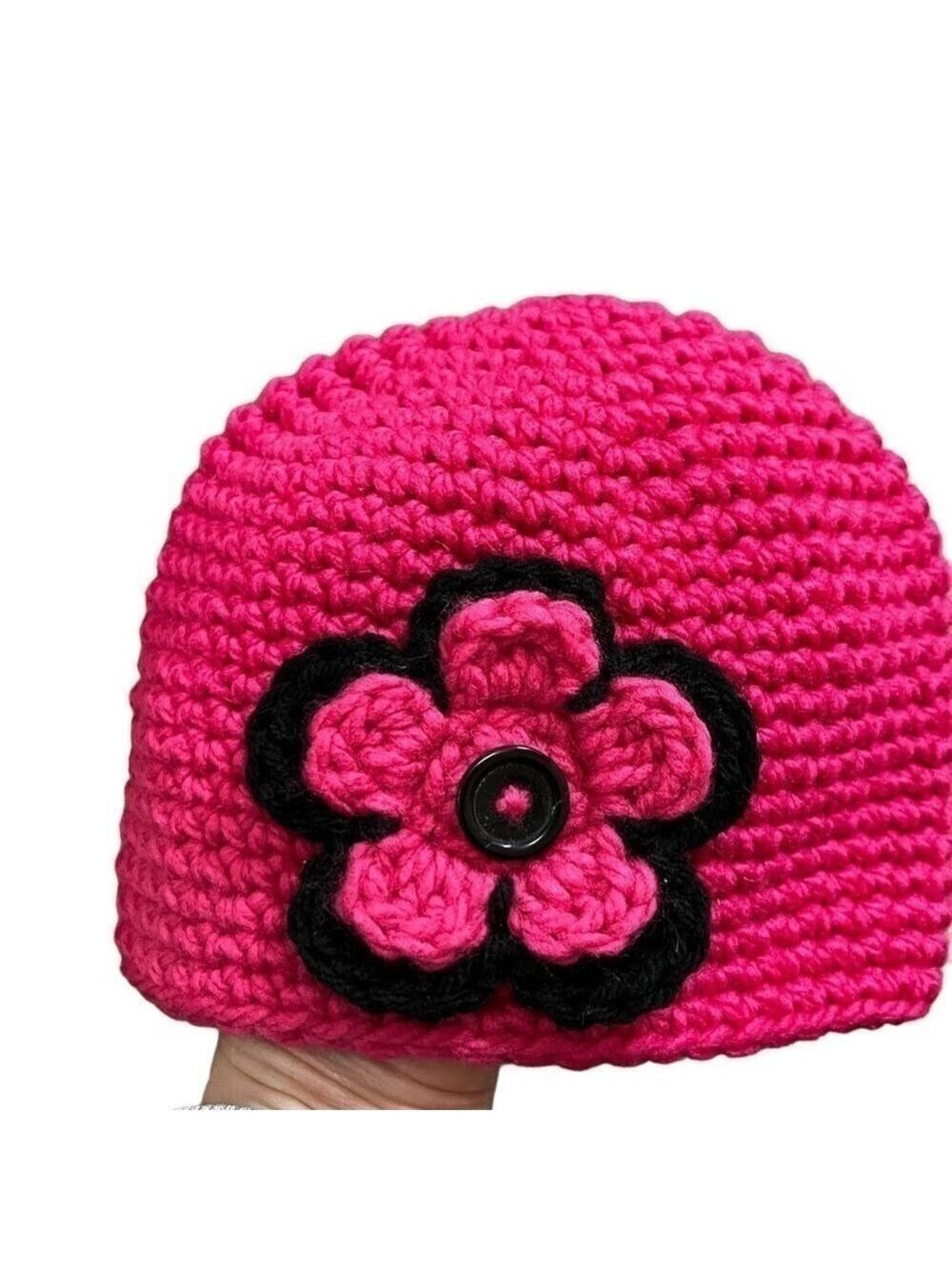 𝅺INFANTS Crochet Toque Hot pink with Flower detail
